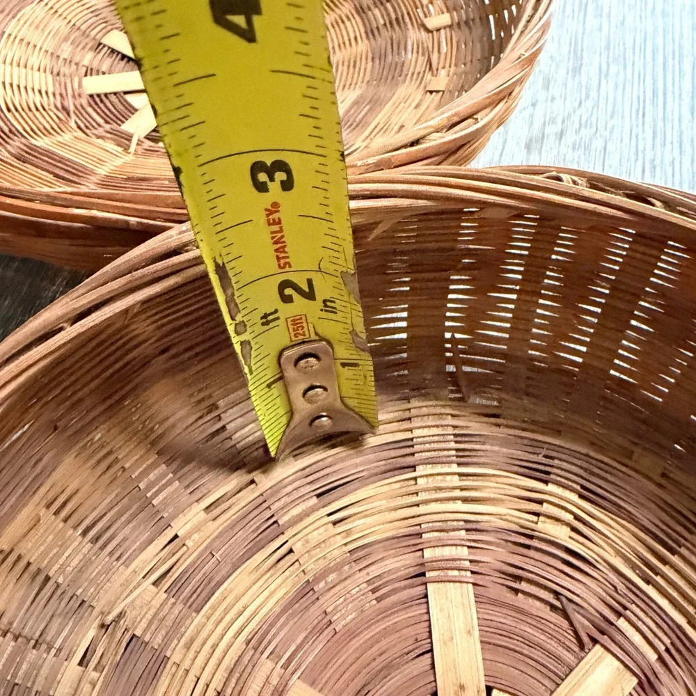 Vintage Handwoven Round Wicker Basket with Lid Brown Tan Boho Storage 8 Inch